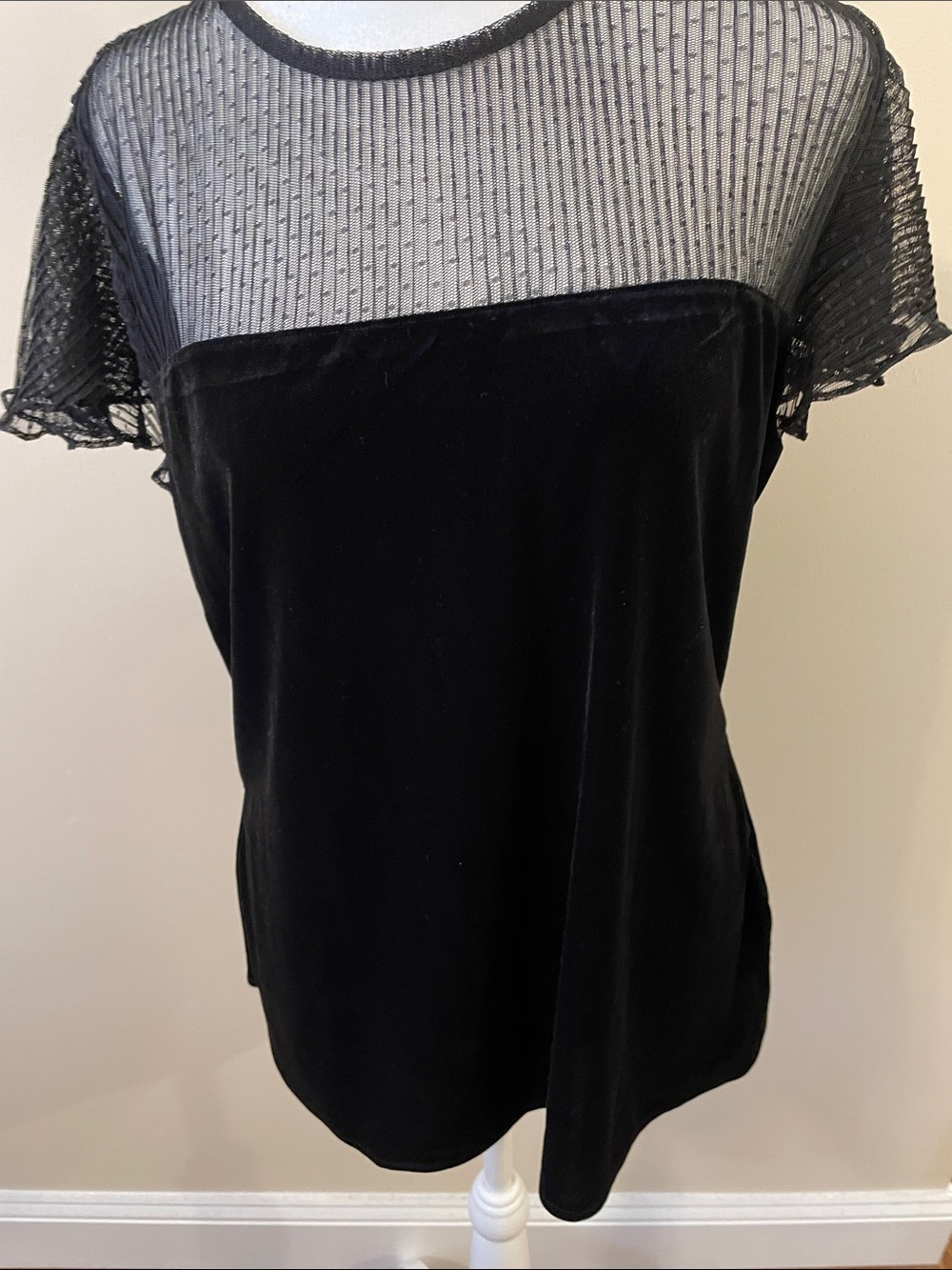 Lauren Ralph Lauren Black Velvet & Sheer Dot Short Sleeve Top
